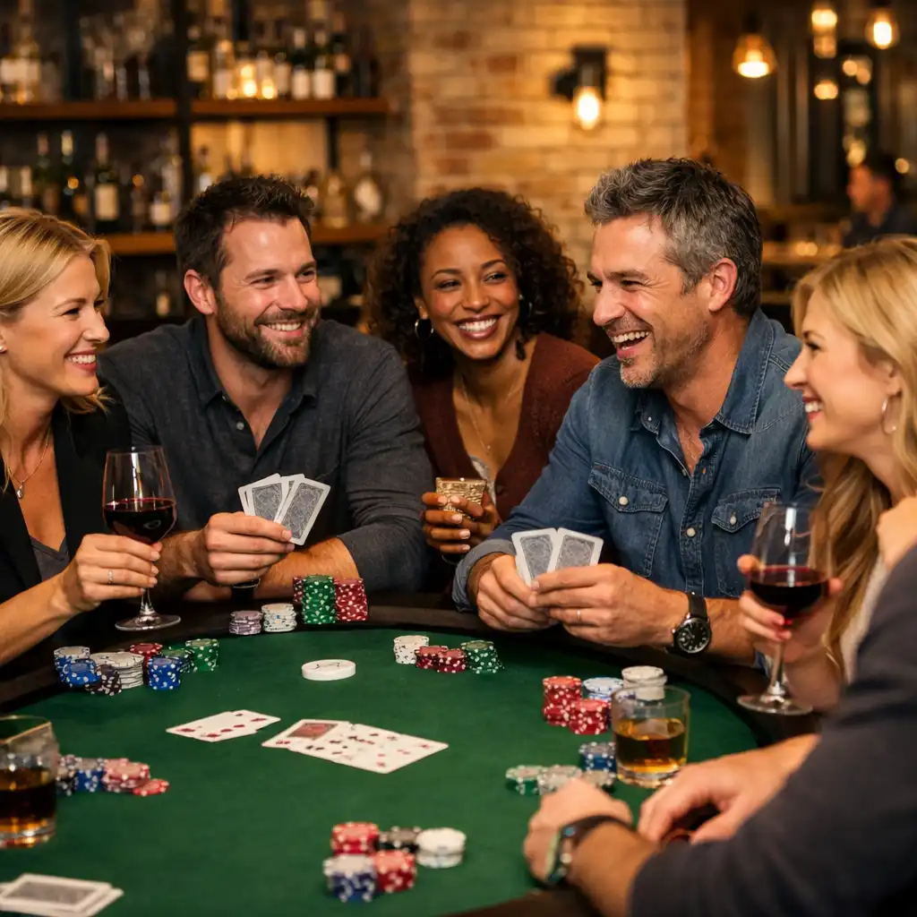 Convives souriants en train de jouer au poker et de dîner