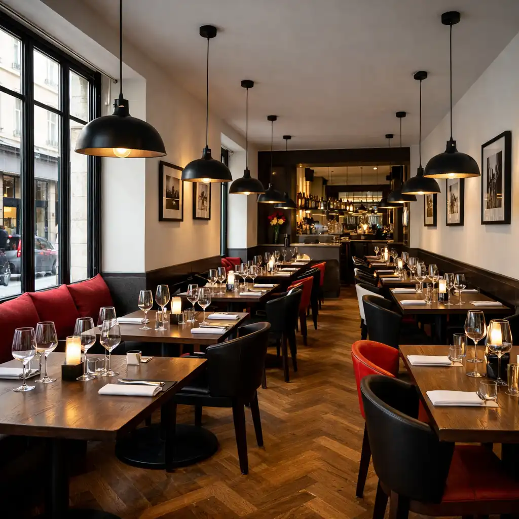 Intérieur élégant du restaurant Atelier Marais avec tables en bois et éclairage tamisé