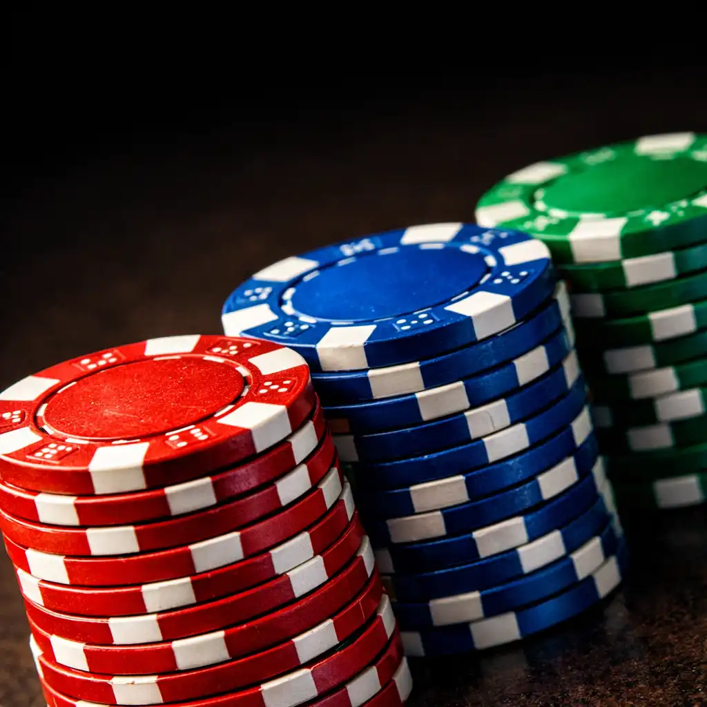 Gros plan sur des jetons de poker empilés avec des couleurs vives
