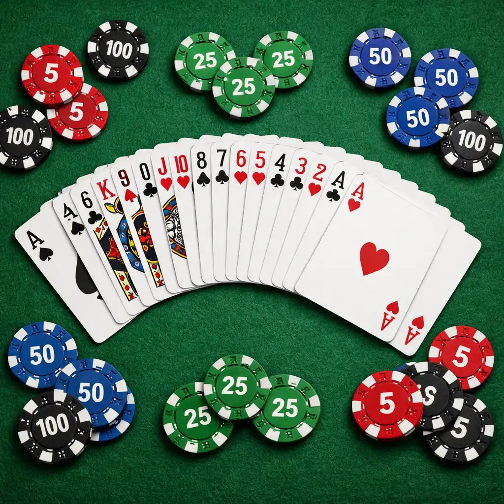 Cartes à jouer étalées en éventail sur une table en feutre vert avec des jetons dispersés
