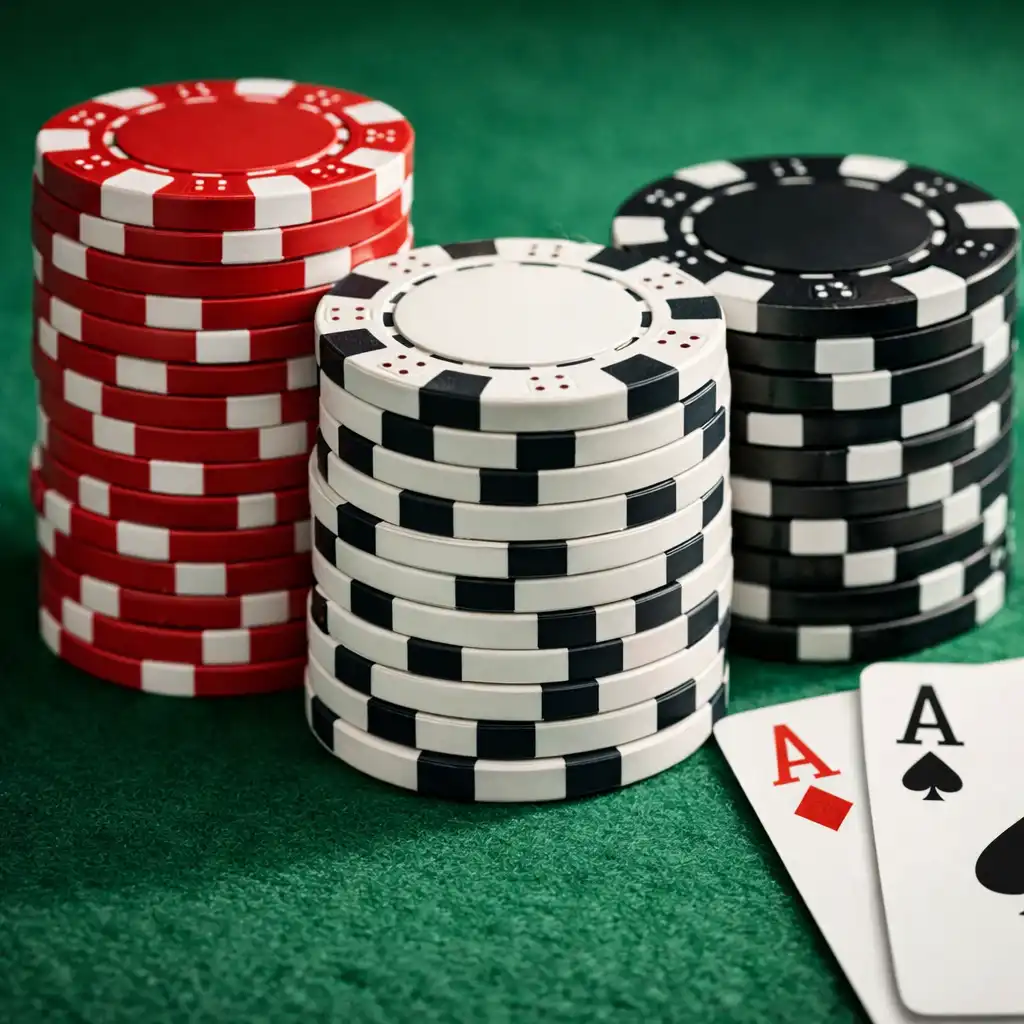 Gros plan de jetons de poker empilés sur un tapis vert, avec des cartes à jouer à proximité.