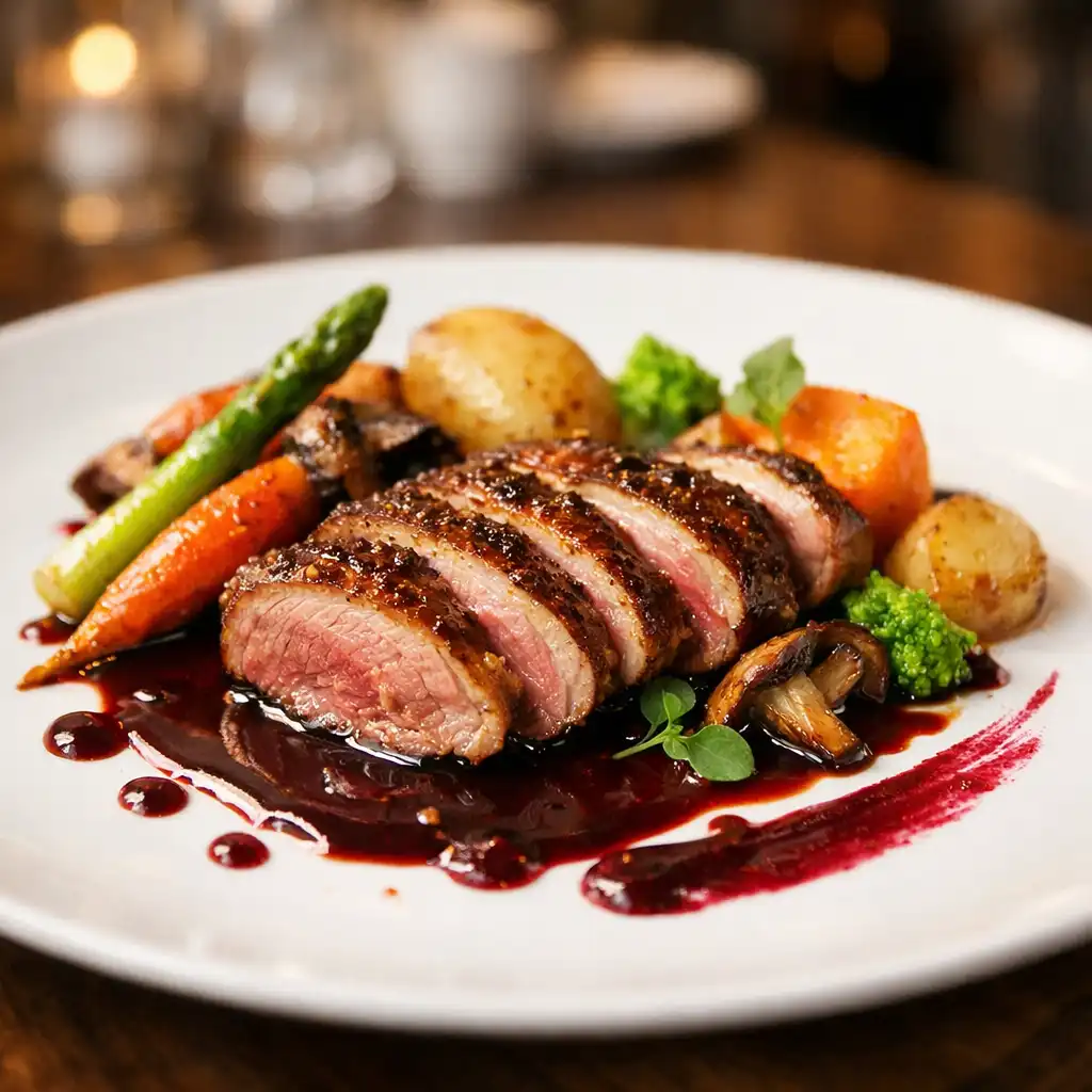 Plat français raffiné avec viande, sauce au vin rouge et légumes de saison