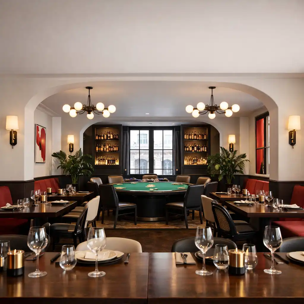 Intérieur élégant du restaurant Atelier Marais avec tables en bois sombre et éclairage tamisé