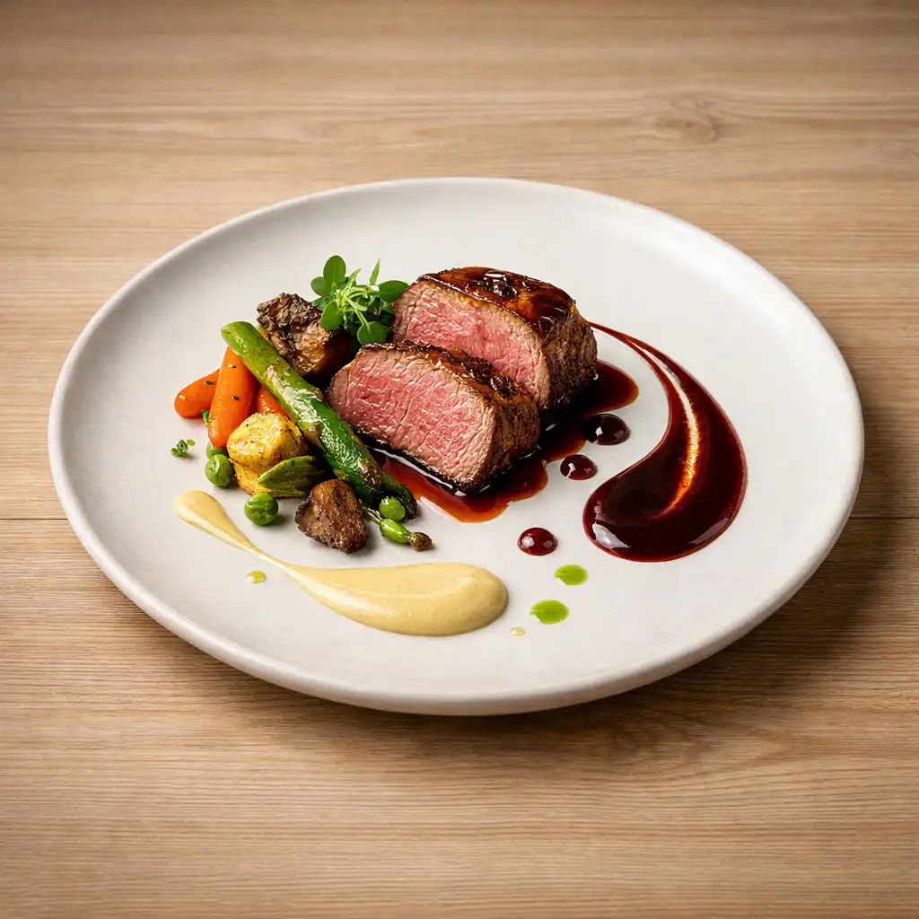 Assiette raffinée de viande rôtie avec légumes de saison et sauce artistiquement disposée