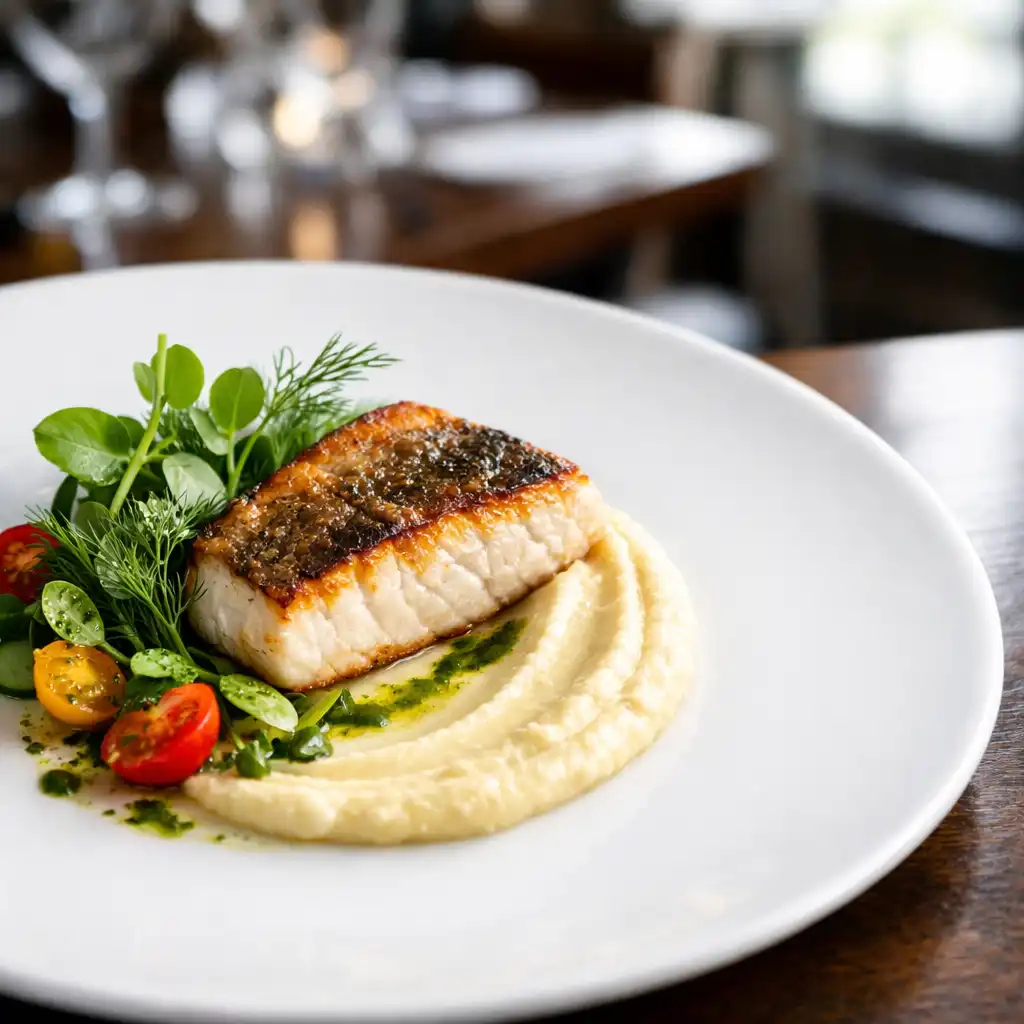 Plat de poisson délicatement présenté avec herbes fraîches et purée onctueuse