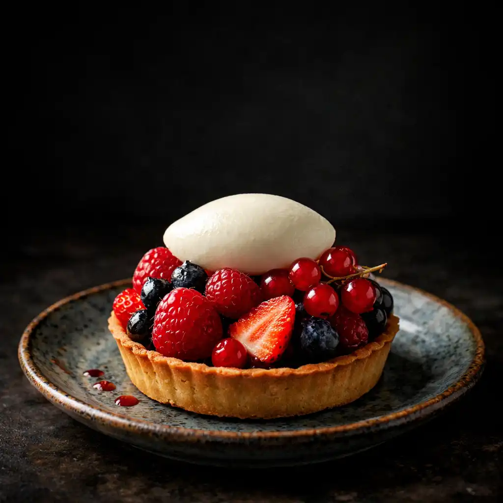 Dessert français élégant, tartelette aux fruits rouges avec quenelle de crème