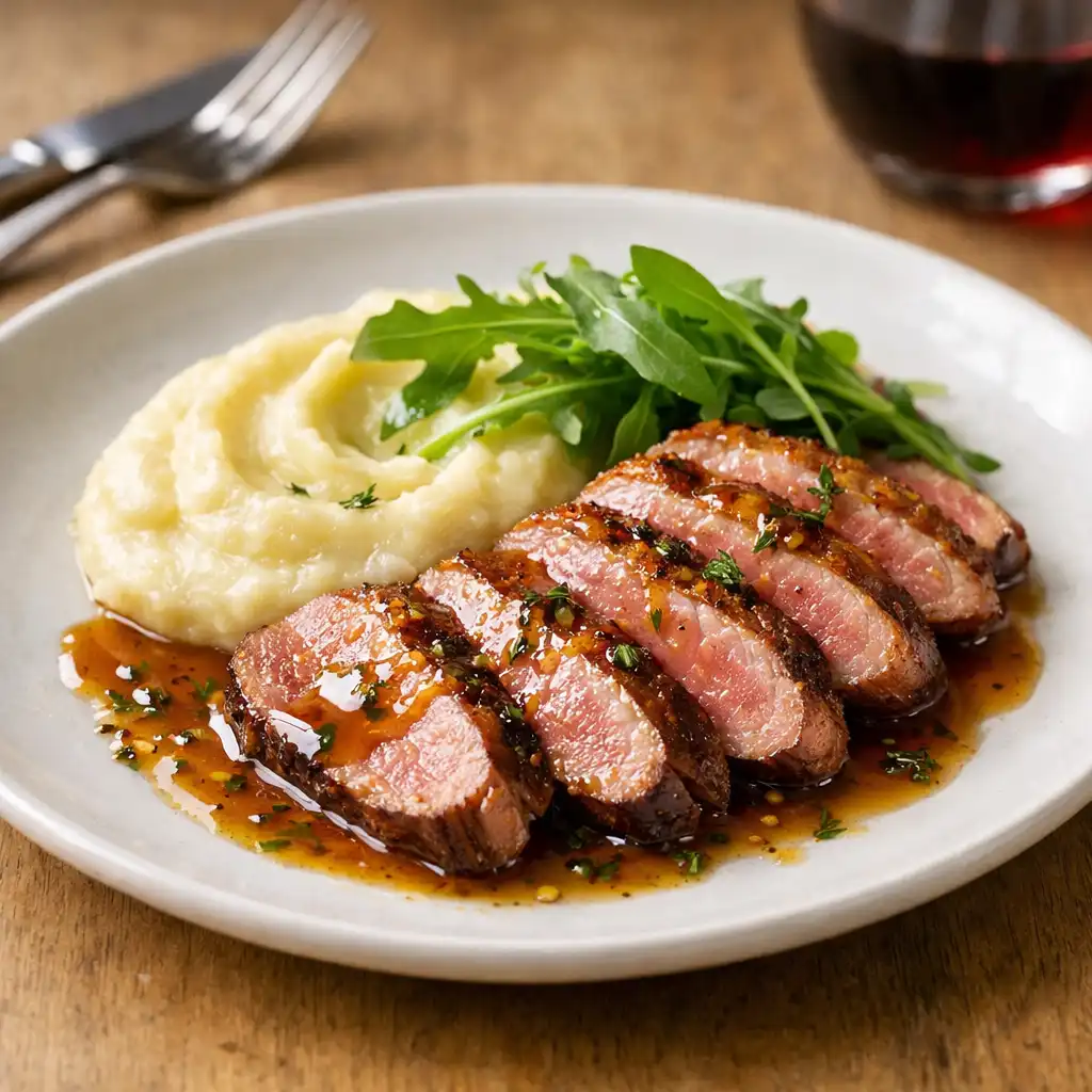 Plat raffiné de magret de canard avec purée de céleri et sauce au miel