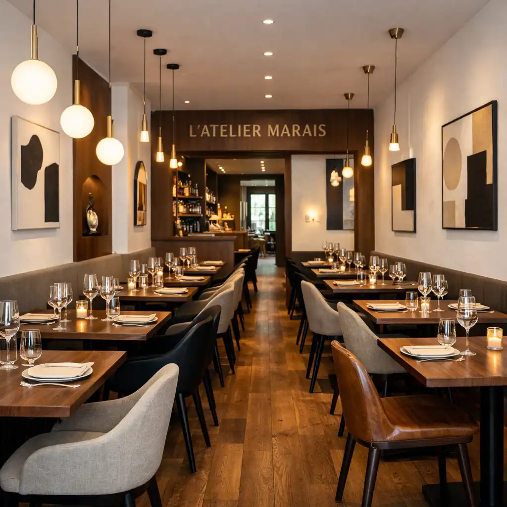 Vue d'ensemble de la salle de restaurant avec tables en bois foncé et éclairage suspendu