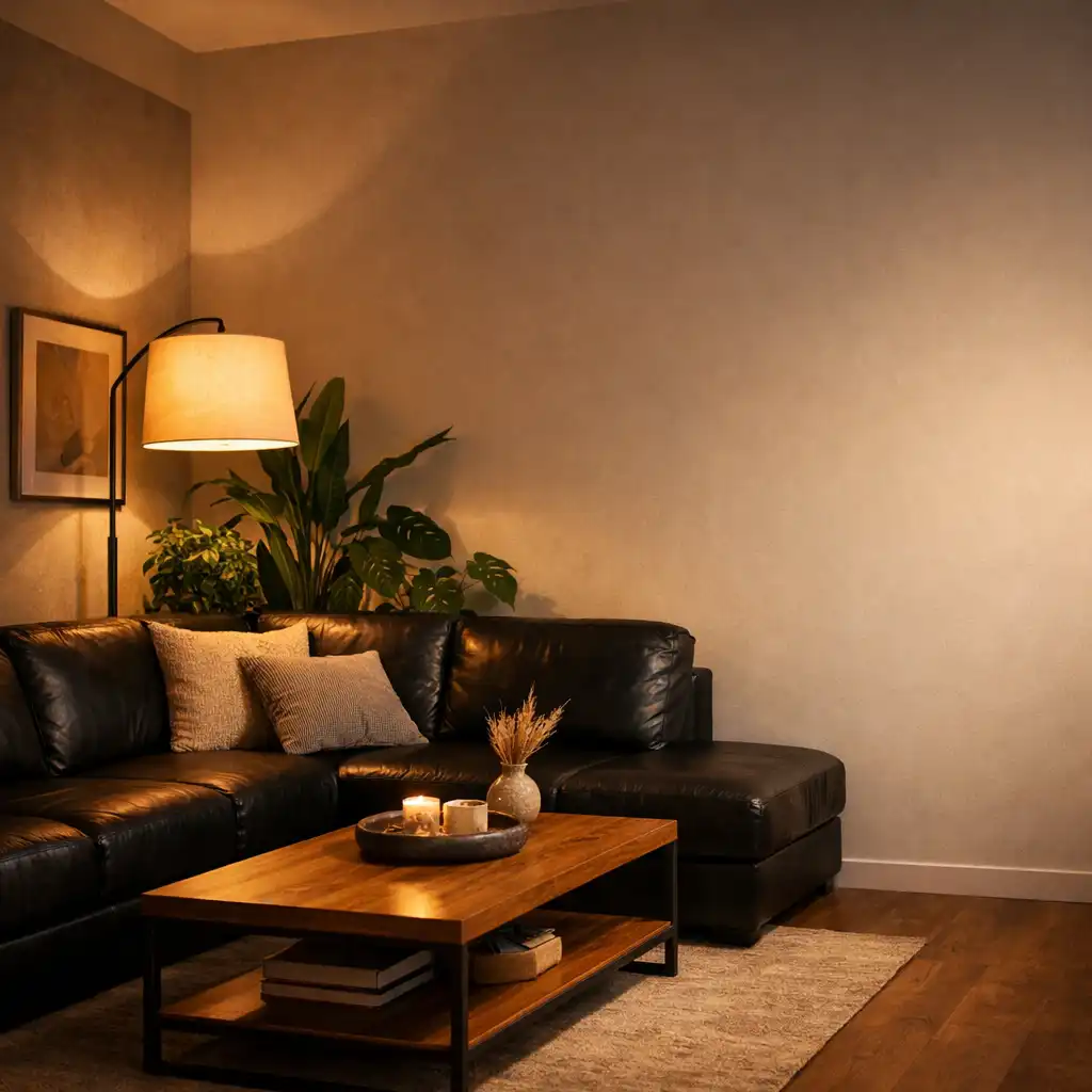 Coin salon avec banquette en cuir, table basse et plantes vertes