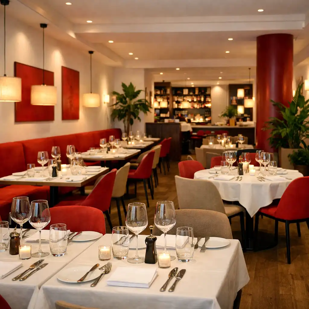 Intérieur contemporain du restaurant Atelier Marais avec tables dressées et éclairage chaleureux.