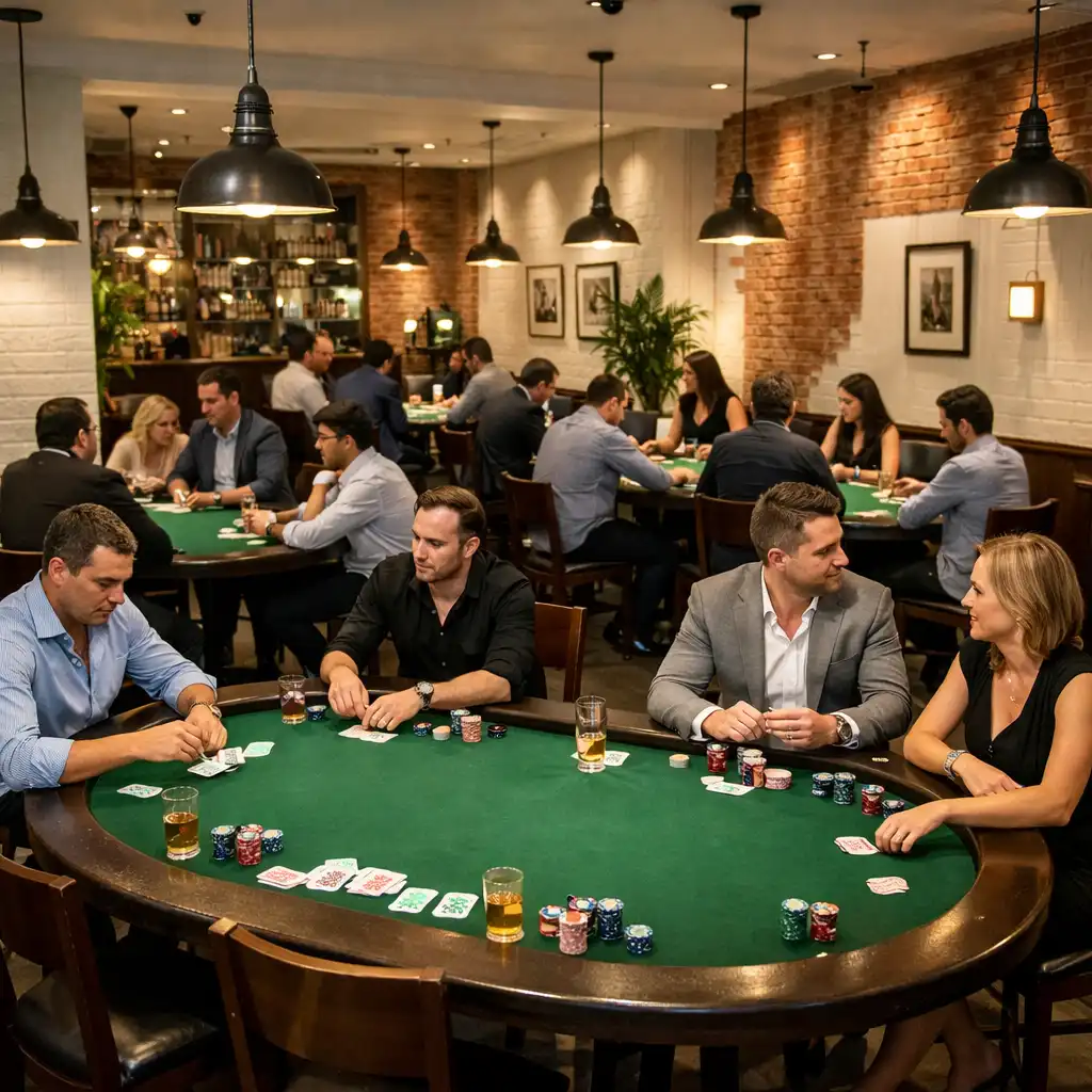 Salle de restaurant avec tables de poker installées pour une soirée