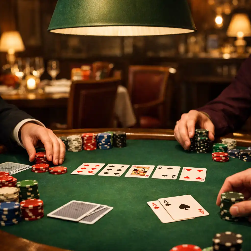 Table de poker en feutre vert avec jetons et cartes dans une salle élégante