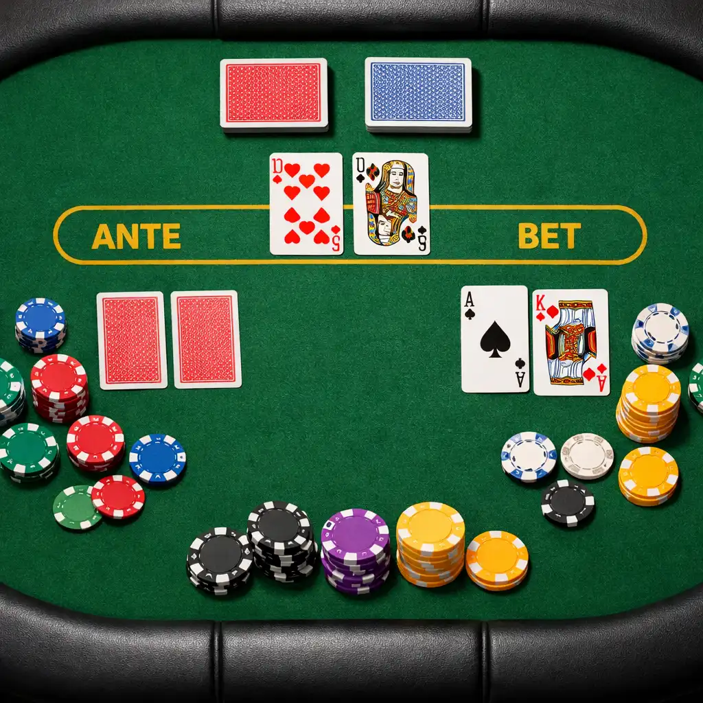 Table de poker professionnelle en feutre vert avec cartes à jouer et jetons colorés