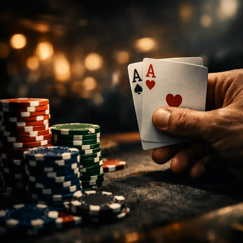 Gros plan sur une main de joueur tenant des cartes avec des jetons empilés au premier plan
