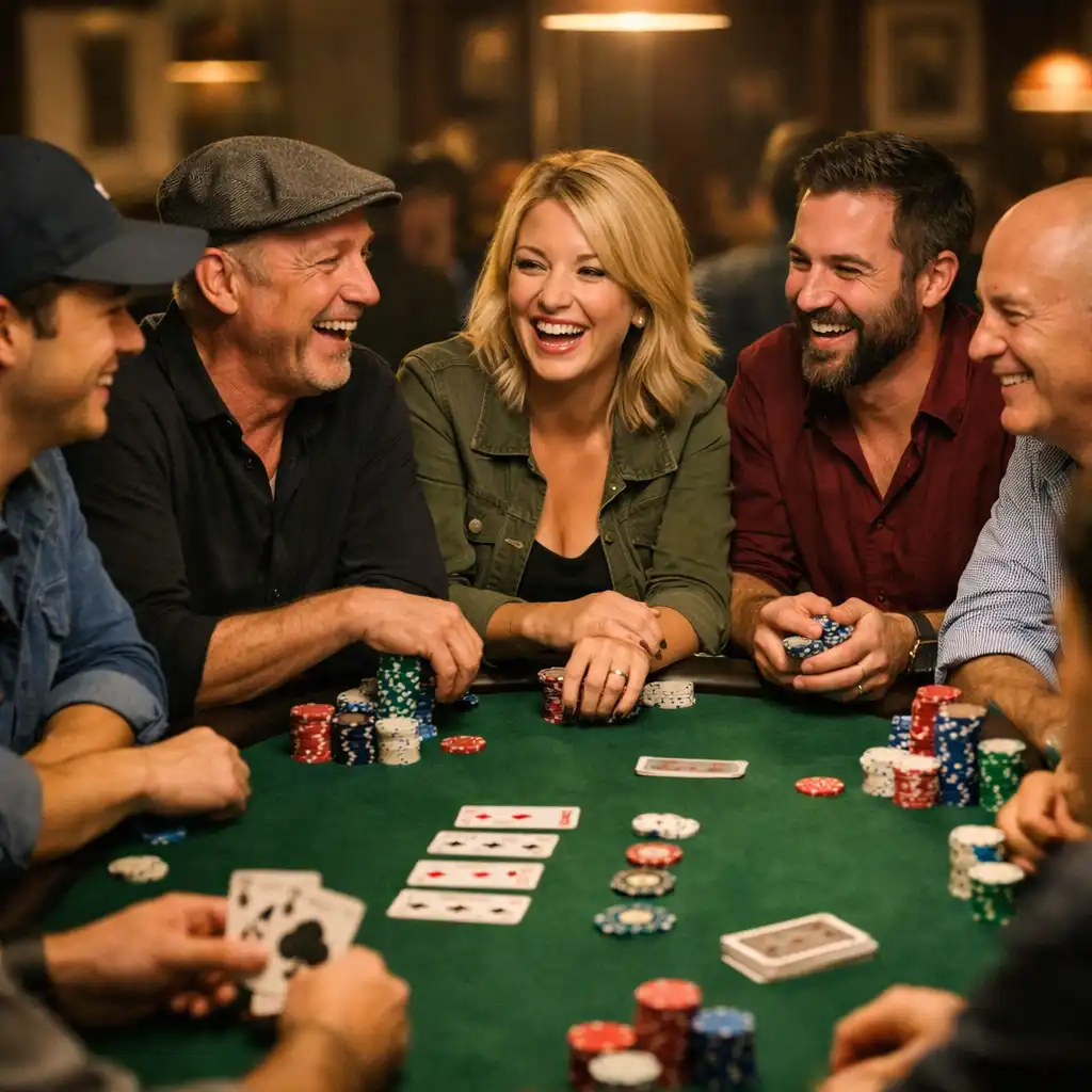 Vue d'ensemble d'une table de poker avec plusieurs joueurs assis dans une ambiance conviviale