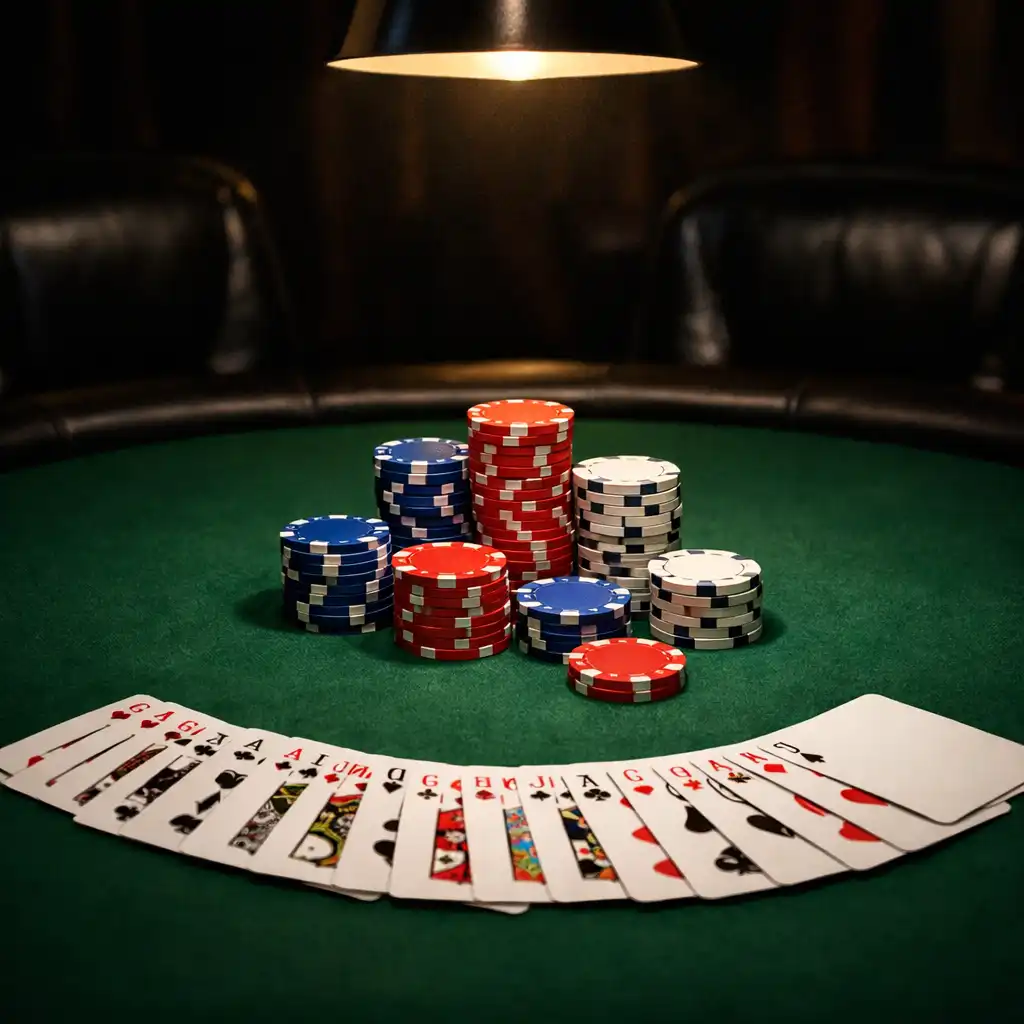 Table de poker professionnelle avec jetons colorés et cartes à jouer