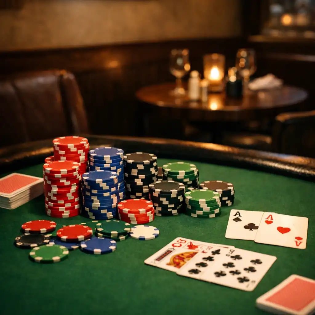 Table de poker en salle avec jetons colorés, cartes visibles et croupier professionnel en arrière-plan.